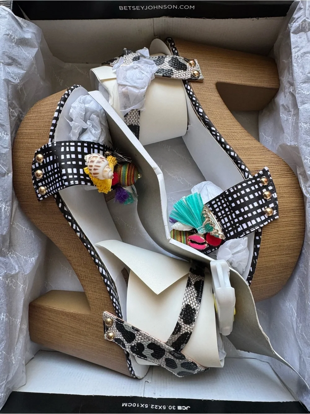 Betsey Johnson Jillie Black & White Platform Sandals With Multicolor Tassels